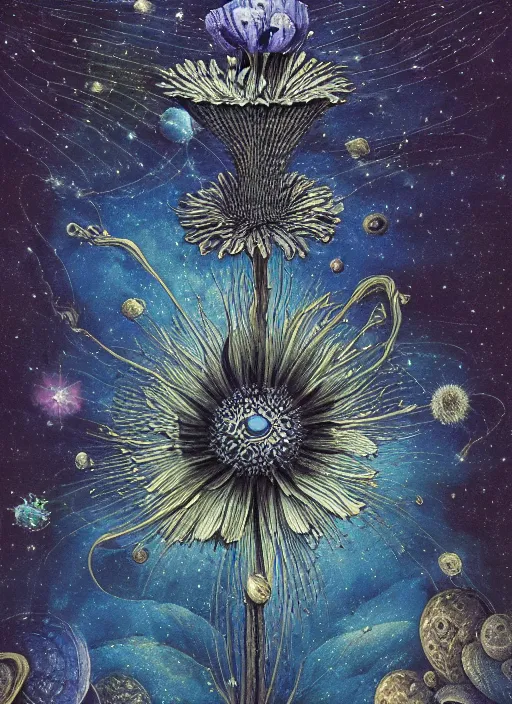 Image similar to detailed, intricate blue black and purple papaverum flower on the field, nebula, galaxy in the sky, winning award masterpiece, fantastically beautiful, illustration, aestheticly inspired, jacek yerka, upscale with anguissola sofonisba work, artstation, 8 k