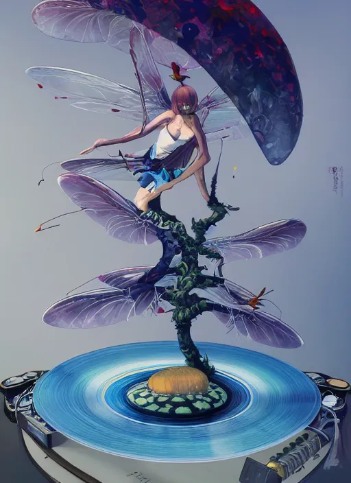 Image similar to surreal gouache painting, by yoshitaka amano, by ruan jia, by Conrad roset, by good smile company, detailed anime 3d render of a magical Dragonfly flying over a Mushroom on a DJ Mixer, Vinyl deck, controller, portrait, cgsociety, artstation, rococo mechanical and Digital and electronic, dieselpunk atmosphere