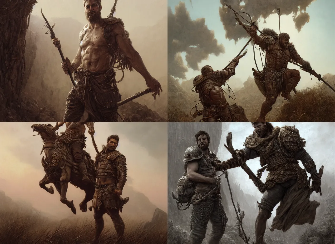 Prompt: ''Illustration of a rugged adventurer holding a staff, musculous, high body detail, leather armour, savanna background, hyperdetailed, cgsociety, by greg rutkowski, by Gustave Doré, by Marco Turini, by Artgerm, Deviantart in the style of Tom Bagshaw, Cedric Peyranavernay, Peter Mohrbacher''