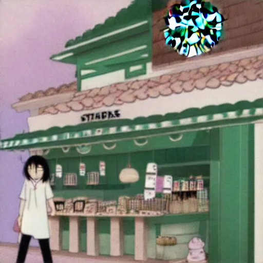 Prompt: starbucks shop with spirited away style, no face man, illustrate, art by ghibli studio