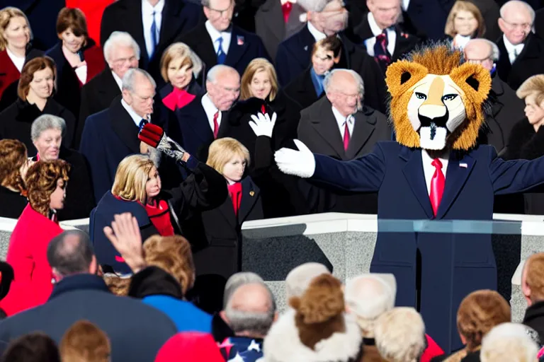 Image similar to photo of the usa presidential inauguration, a lion fursuiter being inaugurated as president