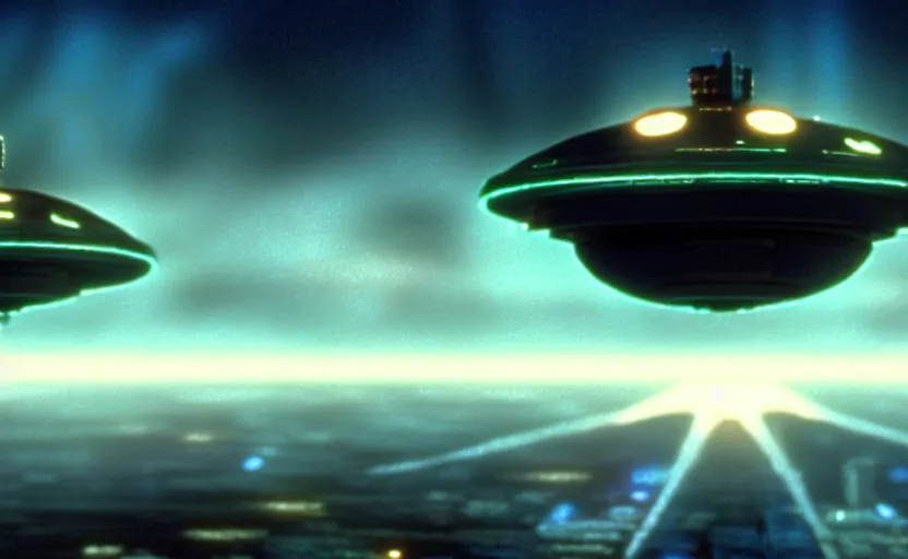 Prompt: a cell - shaded cartoon movie still from independence day ( 1 9 9 6 ) of a chrome ufo. very dull muted colors, hd, 4 k, hq