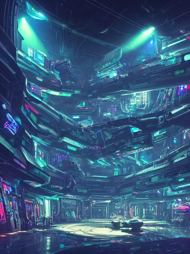 Image similar to the interior of a celestial spaceship cyberpunk hangar in a bioluminescent walls decorated beautifully, lots of cyberpunk design elements like humanoids and mecha robots, warm sunlight shining in, lots of cables and neon signs, concept art 8 k resolution, fantasy illustration, sharp focus, detailed painting, deep color, volumetric lighting, crepuscular rays