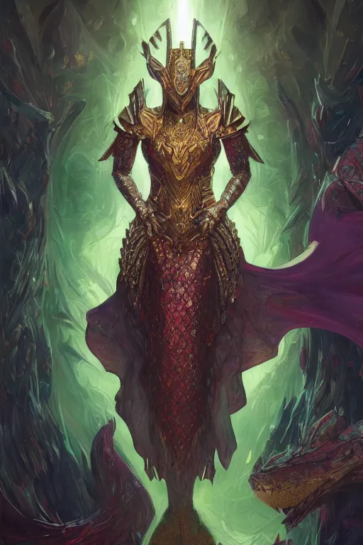 Prompt: masterpiece digital painting of a queen reptilian, jaws centered, heavy gold obsidian armor, chaotic ruby inlays, large cape, by kev walker and greg rutkowski and mucha, background, green sparkles, artstation, deviantart, closer view, cinematic lights