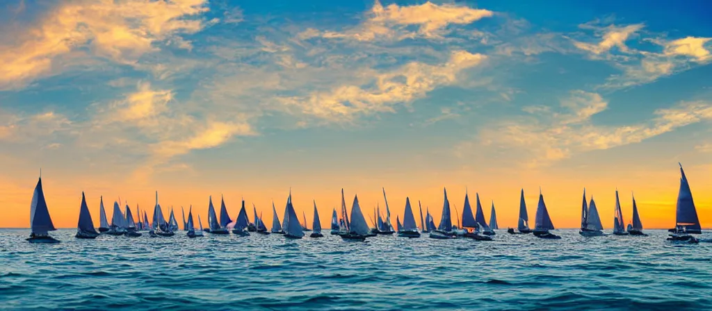 Prompt: armada of sailing boats on ocean in sunset seen from a beach of tropical island, old photo, realistic, detailed