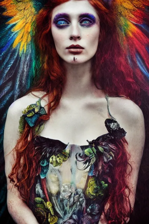 Prompt: pre-raphaelite punk rock dark rainbow noir angel painting, floral detail, smoky eyes, photo by Annie Leibovitz, Anton Fadeev