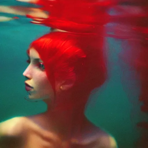 Image similar to beautiful portrait of fashion model in red silk underwater, 35mm film