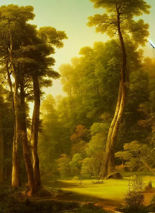 Image similar to a meadow clearing with extremely thin tall trees, spirit of the forest dwells, magically dense, calm serene atmosphere, by asher brown durand, by yoshitaka amano