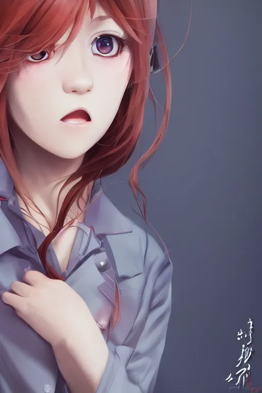 Image similar to Very complcated dynamic composition, realistic anime style at Pixiv, Zbrush sculpt colored, Octane render in Maya and Houdini VFX, young redhead girl in motion, wearing jacket and skirt, silky hair, black stunning deep eyes. By ilya kuvshinov, krenz cushart, Greg Rutkowski, trending on artstation. Amazing textured brush strokes. Cinematic dramatic soft volumetric studio lighting