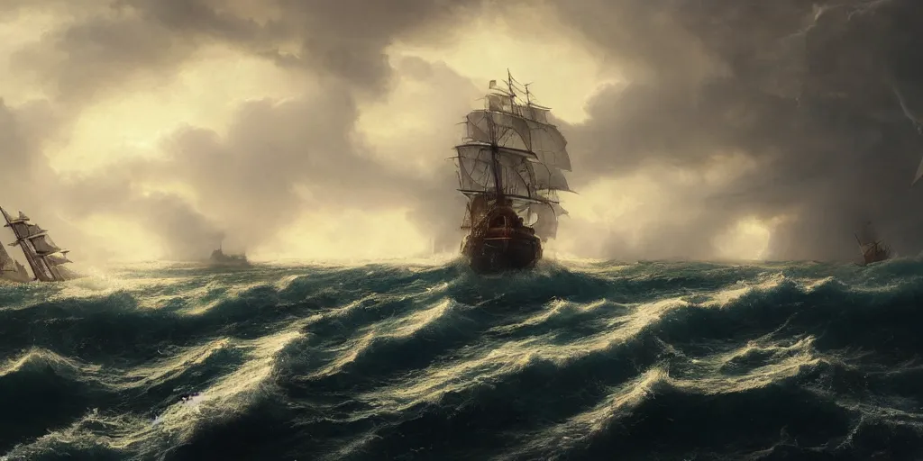 Prompt: Wide shot of a pirate vessel sailing on wild ocean waters during a thunderstorm, crashing waves, 4k, cozy wallpaper, trending on Artstation, award-winning, art by Greg Rutkowski