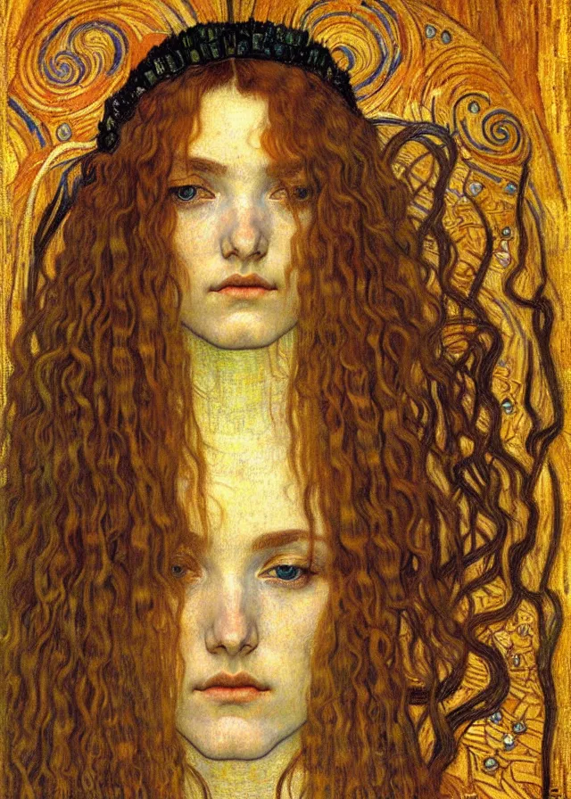 Image similar to detailed realistic beautiful young medieval queen face portrait by jean delville, gustav klimt and vincent van gogh, art nouveau, symbolist, visionary, gothic, pre - raphaelite, muted earthy colors, desaturated