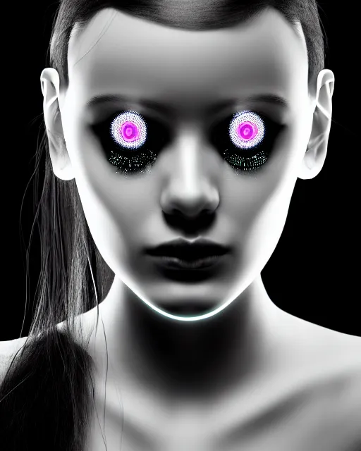 Prompt: black and white dreamy spiritual connected young female cyborg high quality photo, microchip, artificial intelligence, bio - mechanical bio - luminescence, black wired cables, neurons, nerve cells, cinematic, rim light, photo - realistic, elegant, high detail, 8 k, masterpiece, high fashion