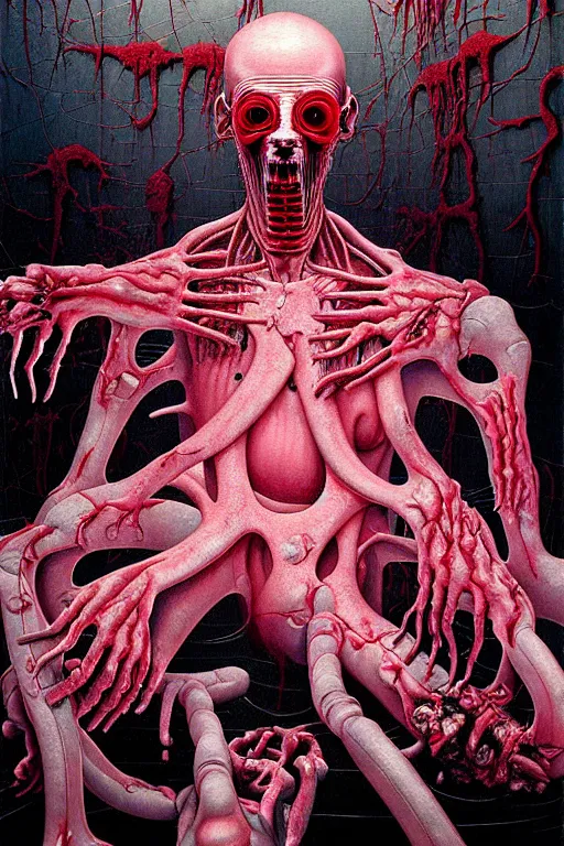 Image similar to a hyperrealistic painting of a horror slaughter house autopsy room with evil surgeons and scary creatures, cinematic horror by chris cunningham, lisa frank, richard corben, highly detailed, vivid color, beksinski painting, part by adrian ghenie and gerhard richter. art by takato yamamoto. masterpiece