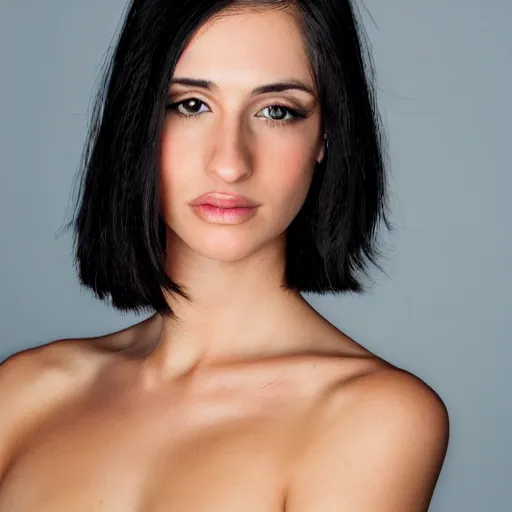 Image similar to raven haired seductive woman with stunning light eyes with a beautiful face, thin nose, fair skin, soft skin, long neck, wearing a tube top