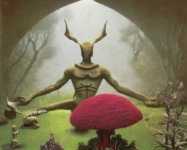 Image similar to strange weird pagan luscious garden with amazing little altars and japanese plants with a gigantic statue fountain of an ancient god stretching its arms above the garden by beksinski, digital art, oil painting, colorful, artstation, australian tonalism escher, minimalist, very clear, no blur, serene