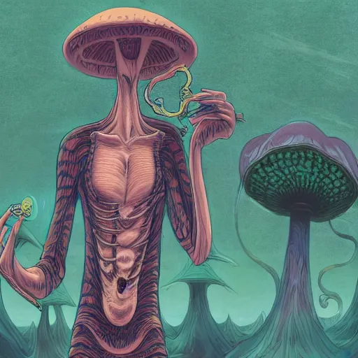 Image similar to A centered chest up portrait of a psychedelic demonic anthropomorphic snake smoking a hand-rolled cigarette smoking heavily , magic mushroom village in background , award winning. superb resolution. in the art style of junji Ito and greg rutkowski . Detailed Mushroom city in background. Hyper realistic anime. Perfect art. Dalle2