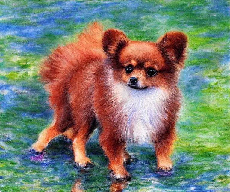 Image similar to brown pomeranian, cute, monet, water painting