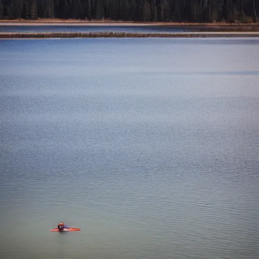 Image similar to Mysty lake, single human floating in the lake in the distance, dark