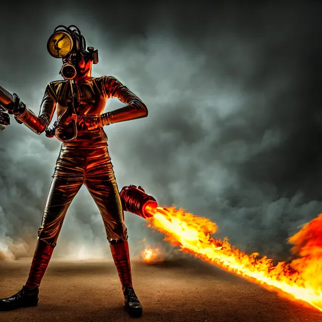 Image similar to full length photo of a beautiful atompunk warrior with a flamethrower, 8 k, hdr, smooth, sharp focus, high resolution, award - winning photo