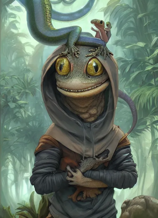 Prompt: portrait of a cute, friendly, anthro gecko, cartoon features, wearing a hoodie, jungle setting, realistic lighting, d & d, fantasy, character illustration, anime inspired design, art by peter mohrbacher, greg rutkowski, krenz cushart.