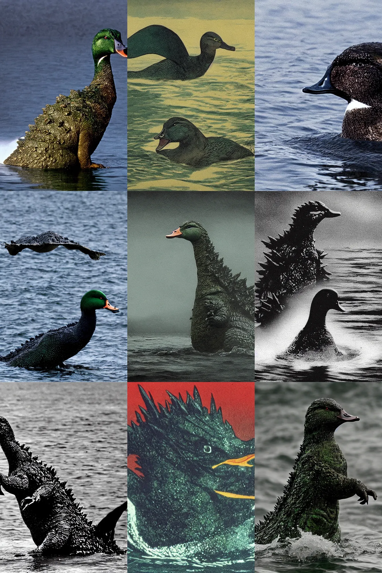 Prompt: godzilla as a mallard duck, rising from ocean, dark and ominous