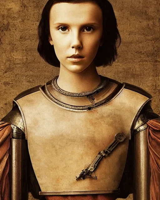 Prompt: millie bobby brown as a robot by leonardo da vinci