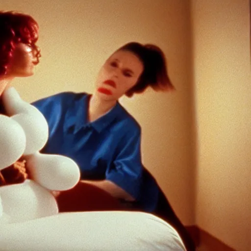 Image similar to still from a 1991 arthouse film about a depressed housewife dressed as a squishy inflatable toy who meets a handsome younger man in a seedy motel room, color film, 16mm soft light, weird art on the wall