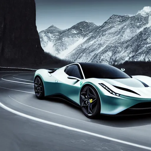 Image similar to a electric sport car designed by ferrari, outdoor magazine, ambient light, fog