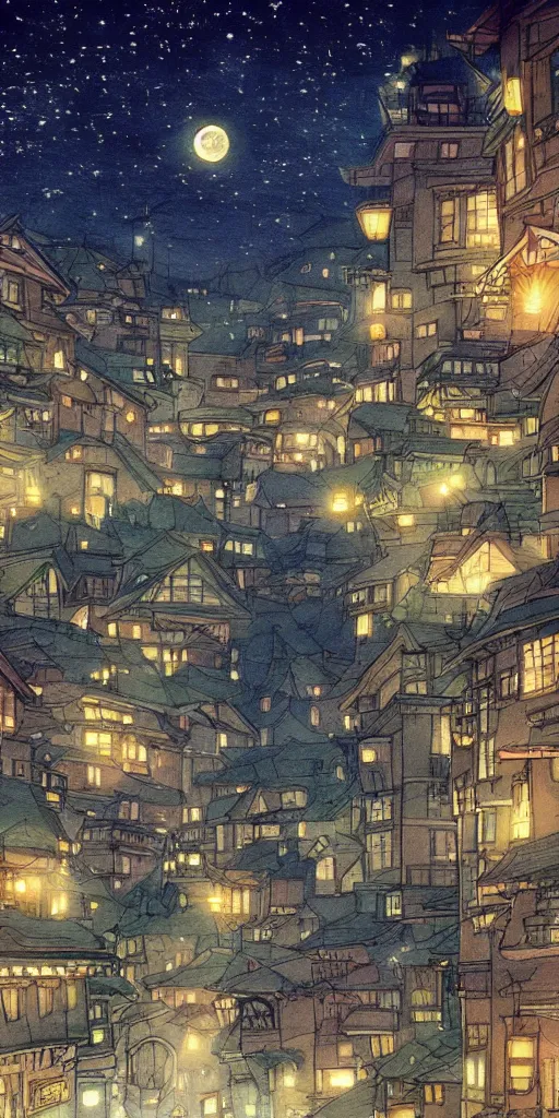 Image similar to a serene painting of a town at night, the moon and stars, by studio ghibli, highly - detailed, anime, artstation, deviantart