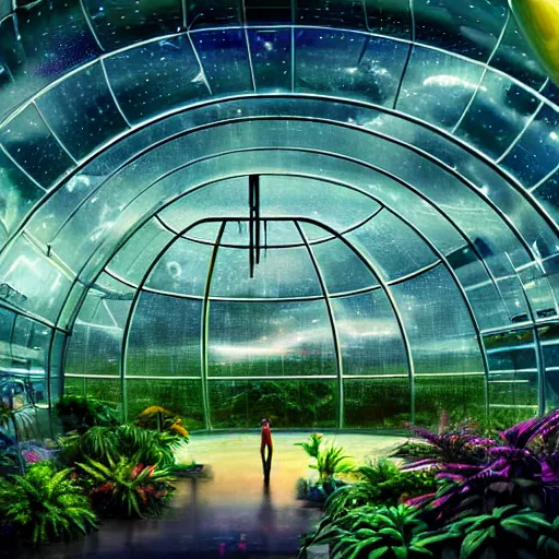 Image similar to a cinematic view of a space habitat colony, large indoor greenhouse with exotic plants, retrofuturism, scifi art, oil on canvas, biodome, stars in the sky above, details, hyper - detailed, hd, hdr, 4 k, 8 k