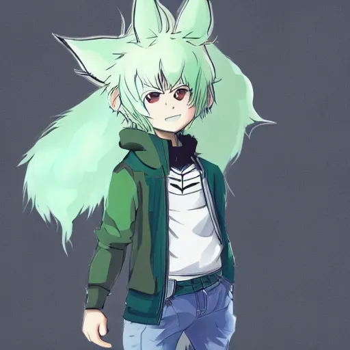 Prompt: a cute anthropomorphic anime boy with big squirrel ears, and a bushy tail and green hair. he wears a baggie blue hoodie. in the style of black clover. award winning video game character concept art. unreal engine octane render dramatic lighting dof