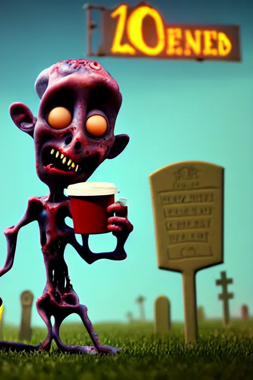 Image similar to a funny zombie character with big eyes holding a cup of coffee on a cemetery at night. pixar disney 4 k 3 d render movie oscar winning trending on artstation and behance. ratatouille style.