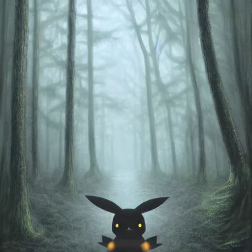Prompt: pikachu as a cryptid in a dark ominous forest, foggy, dim lighting, artwork by andrew ferez