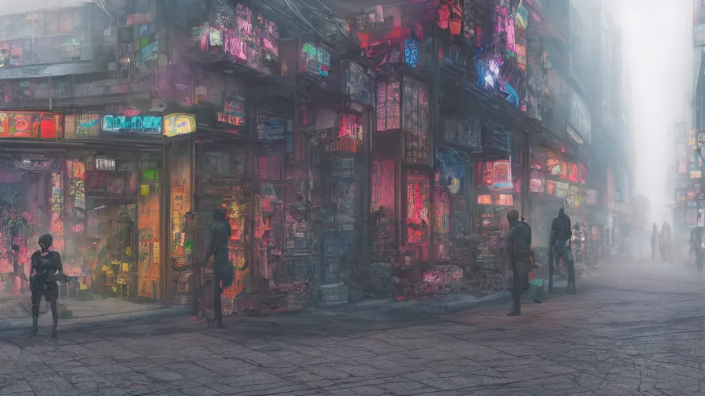 Prompt: two passive guards near the entrance of a big colorful shop in the crowd of a cyberpunk dystopian city at day in the fog at a distance