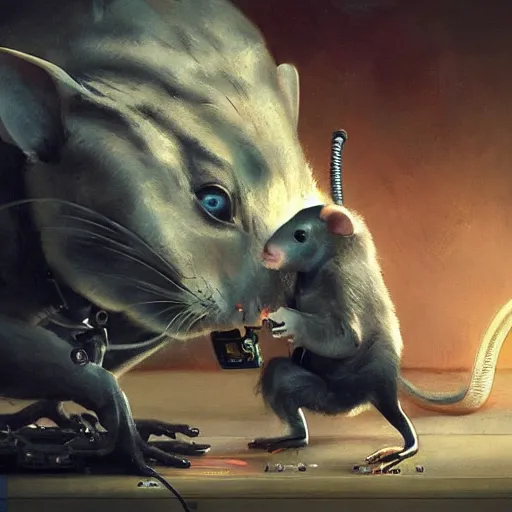 Image similar to a rat cyborg playing with a tb-303 synthesizer, by ruan jia