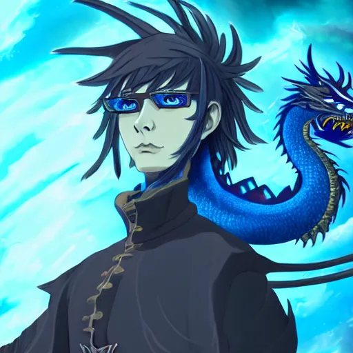 Prompt: half length portrait of a medieval d & d fantasy nerdy anthropomorphic blue dragon - headed - human hybrid with electrcity magic, anime key visual by miyazaki