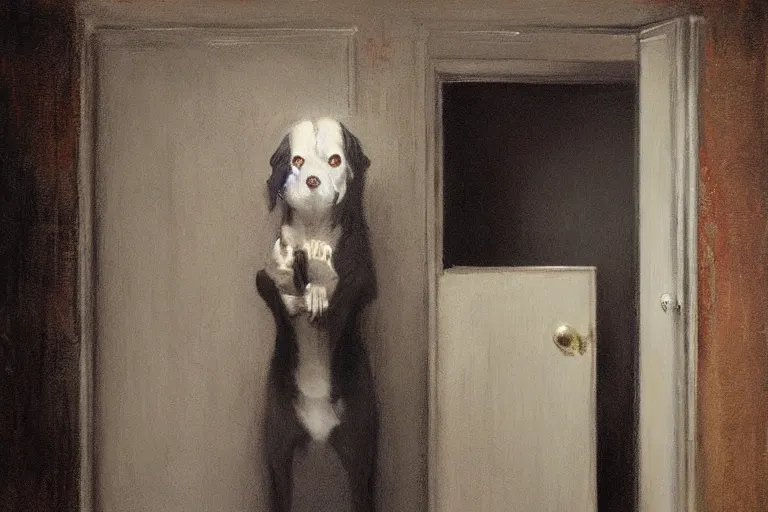 Image similar to unsettling unnatural dog behaving strangely standing in a dark doorway, dragan bibin, phil hale, ( goya )