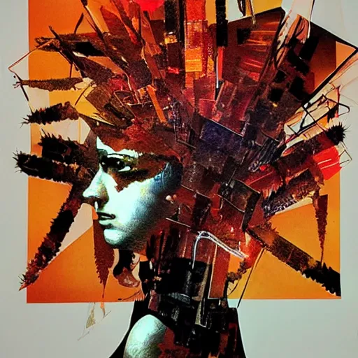 Image similar to she is burning her digital past with glitched flames made of bits, oil on canvas by dave mckean and yoji shinkawa