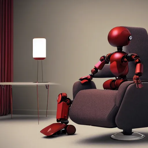 Image similar to futuristic lonely matte brown and red full-body humanoid robot with two huge round expressive sad purple glowing LED eyes and open rectangular mouth sitting on a large comfortable cushioned 1950s vintage recliner reading a newspaper. open newspaper. Cinematic Movie Photograph, Arri Alexa, Extremely Detailed, smooth, very very clean, 8K, octane render, maya render, unreal engine, trending on artstation, DSLR, excellent composition, center frame