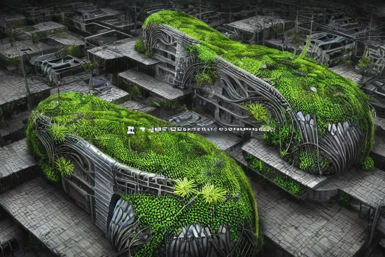 Image similar to futuristic foliage overgrowing detailed favela bunker hive, art nouveau environment, industrial plant, award winning art, epic dreamlike fantasy landscape, ultra realistic,