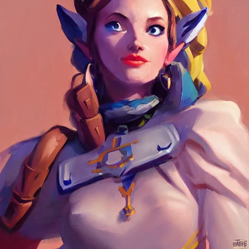 Image similar to greg manchess portrait painting of zelda as overwatch character, medium shot, asymmetrical, profile picture, organic painting, sunny day, matte painting, bold shapes, hard edges, street art, trending on artstation, by huang guangjian and gil elvgren and sachin teng