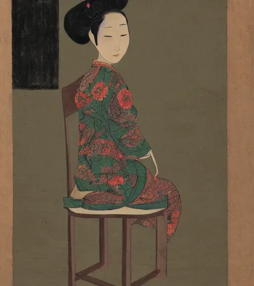 Prompt: a woman with a flower in her head sits on a chair in the corner of an empty room, view from behind, xue jiye