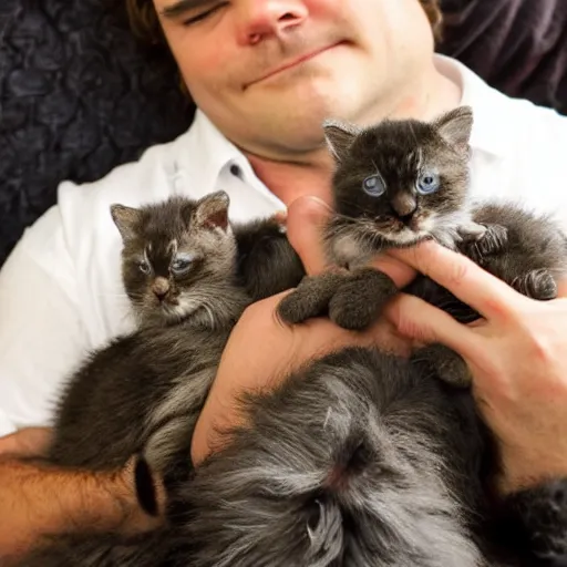 Image similar to jack black cuddling with kittens, hd