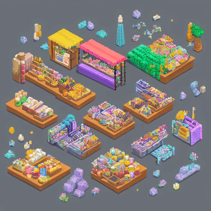 Image similar to isometric pixel art of a small market stall selling magical crystals