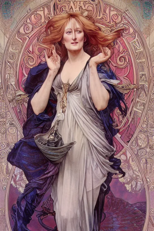 Prompt: hyper-realistic detailed full body portrait of Meryl Streep by Alphonse Mucha, Ayami Kojima, Amano, Charlie Bowater, Karol Bak, Greg Hildebrandt, Jean Delville, and Mark Brooks, Art Nouveau, Neo-Gothic, gothic, rich deep colors