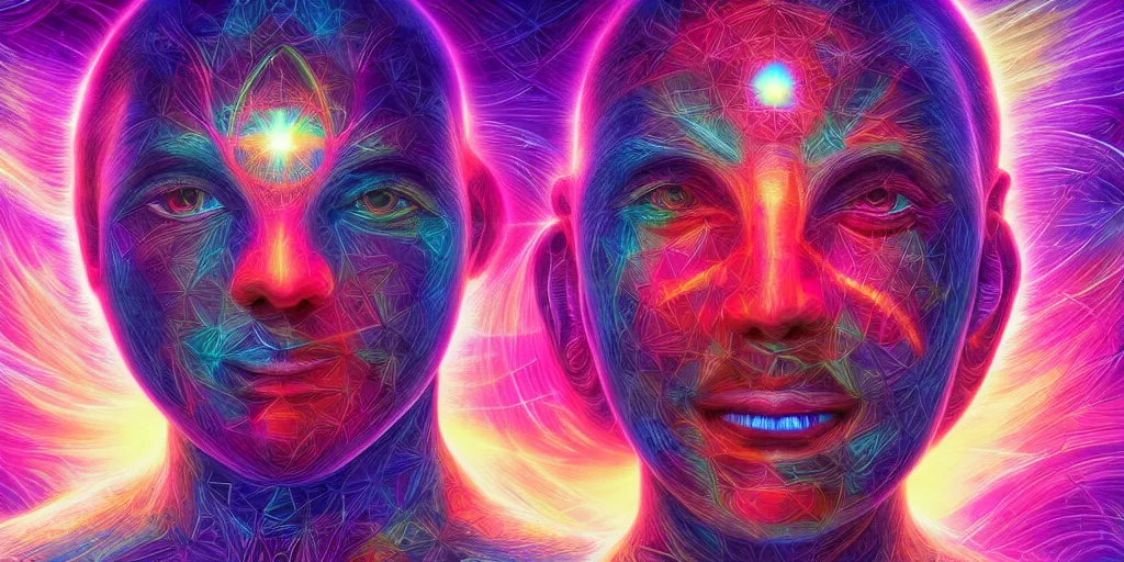 Image similar to ai transcendence into collaborative intelligence, connectedness, body, by alex grey, album cover, award winning, beautiful, colorful, volumetric lighting, trending on artstation, cinematic