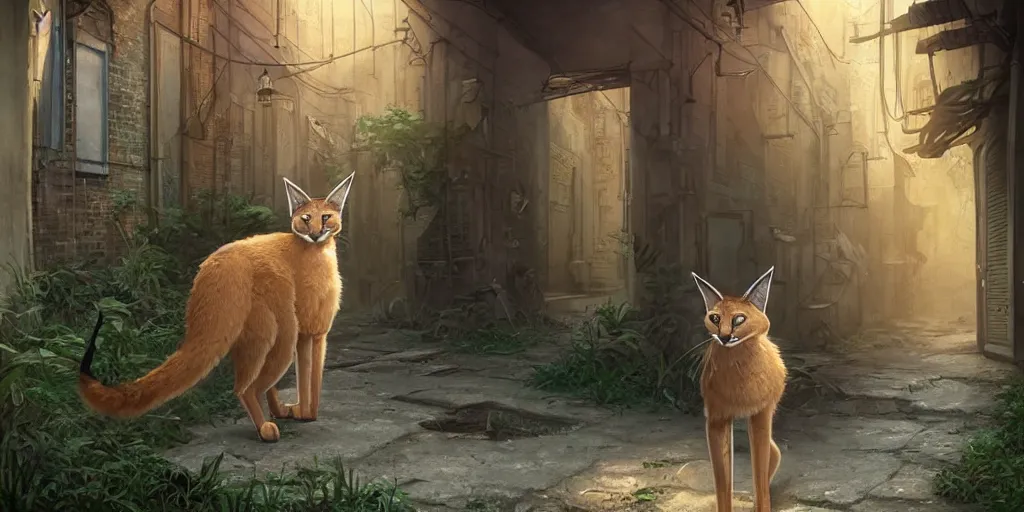 Image similar to a cute caracal in an abandoned alleyway, medium shot, waist up, studio Ghibli, Pixar and Disney animation, sharp, very detailed, high resolution, Rendered in Unreal Engine 5, anime key art by Greg Rutkowski, Bloom, dramatic lighting