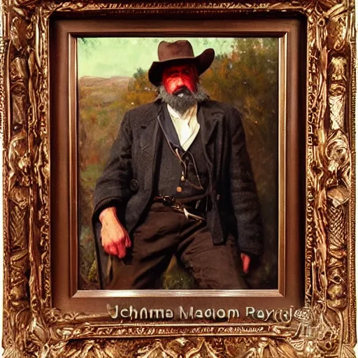 Image similar to Solomon Joseph Solomon and Richard Schmid and Jeremy Lipking victorian genre painting portrait painting of a old rugged cowboys gunfighter old west character in fantasy costume, red background