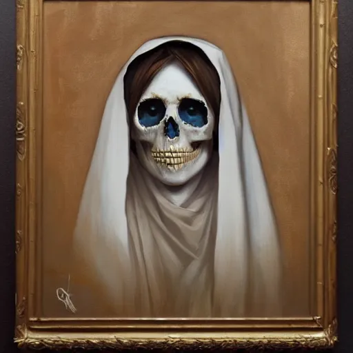 Image similar to painting of the virgin mary skull face by greg rutkowski and jc leyendecker