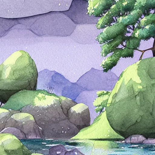 Prompt: beautiful natural scene filled with happy picturesque charming organic sci - fi pod homes. water, trees and rocks. beautiful light. grainy and rough. soft colour scheme. beautiful artistic detailed watercolor by lurid. ( 2 0 2 2 )